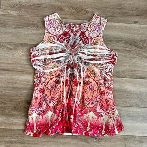 Apt. 9 Pink Red Floral Ruched Muscle Tank Top Size L Y2K Inspo Rhinestones Flowy